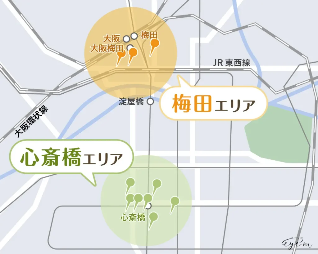 大阪のシミ取りできるクリニックを示す地図