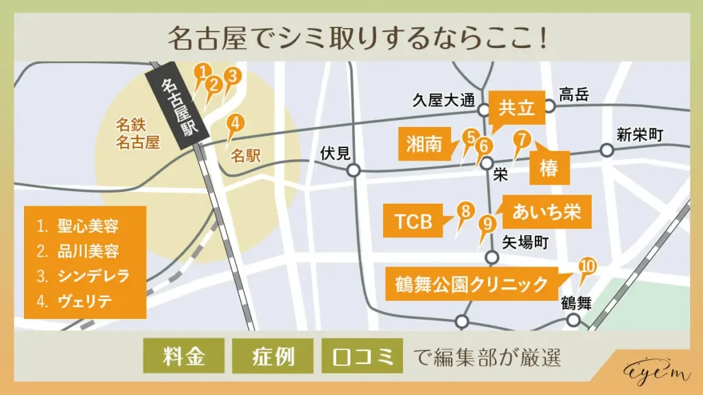 名古屋のシミ取りおすすめクリニックの地図