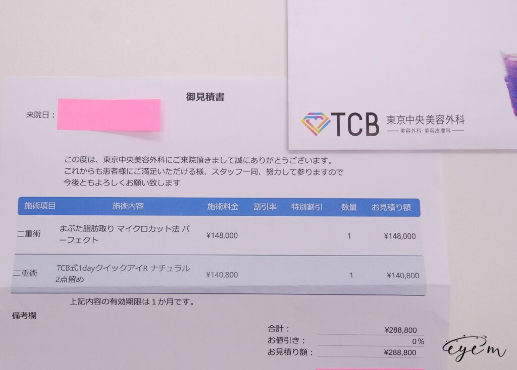 TCB東京中央美容外科の見積もり書